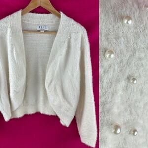 Fuzzy Pearl Embellished White Soft Cardigan Sweater Women's XL Coquette Romantic